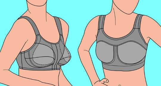 Sports bras using the encapsulation (left) and compression (right) methods to reduce movement. Mvtver