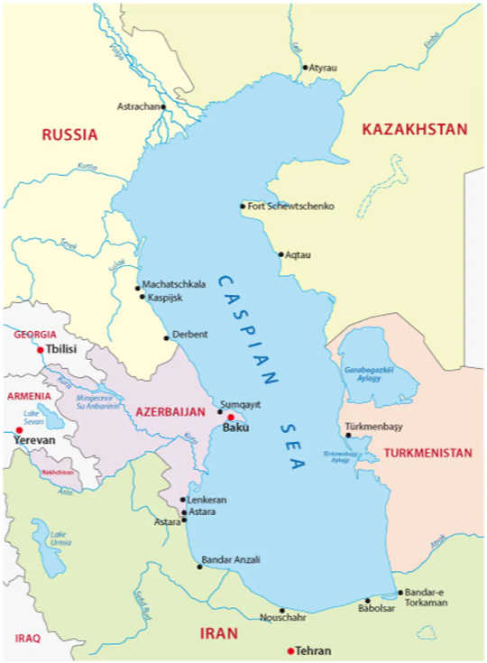 The Caspian borders five countries and is about the size of Germany or Japan. (the caspian sea is set to fall by 9 metres or more this century)