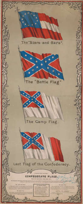 An 1897 lithograph shows changes in Confederate flag design. The ‘Southern Cross’ design, chosen to visually distinguish Confederates from Union soldiers in battle, became a symbol of white insurrection.